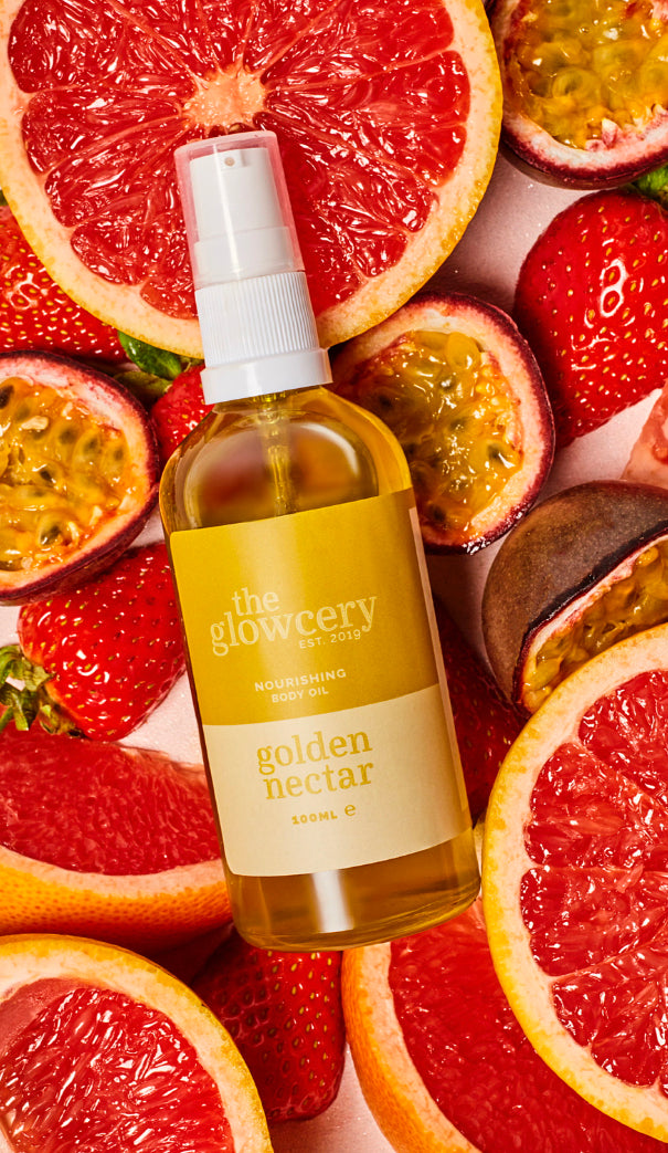 Golden Nectar Body Oil with strawberry and passionfruit for glowing skin